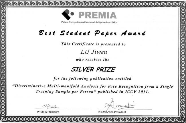 Jiwen Lu's Best Student Paper Award
